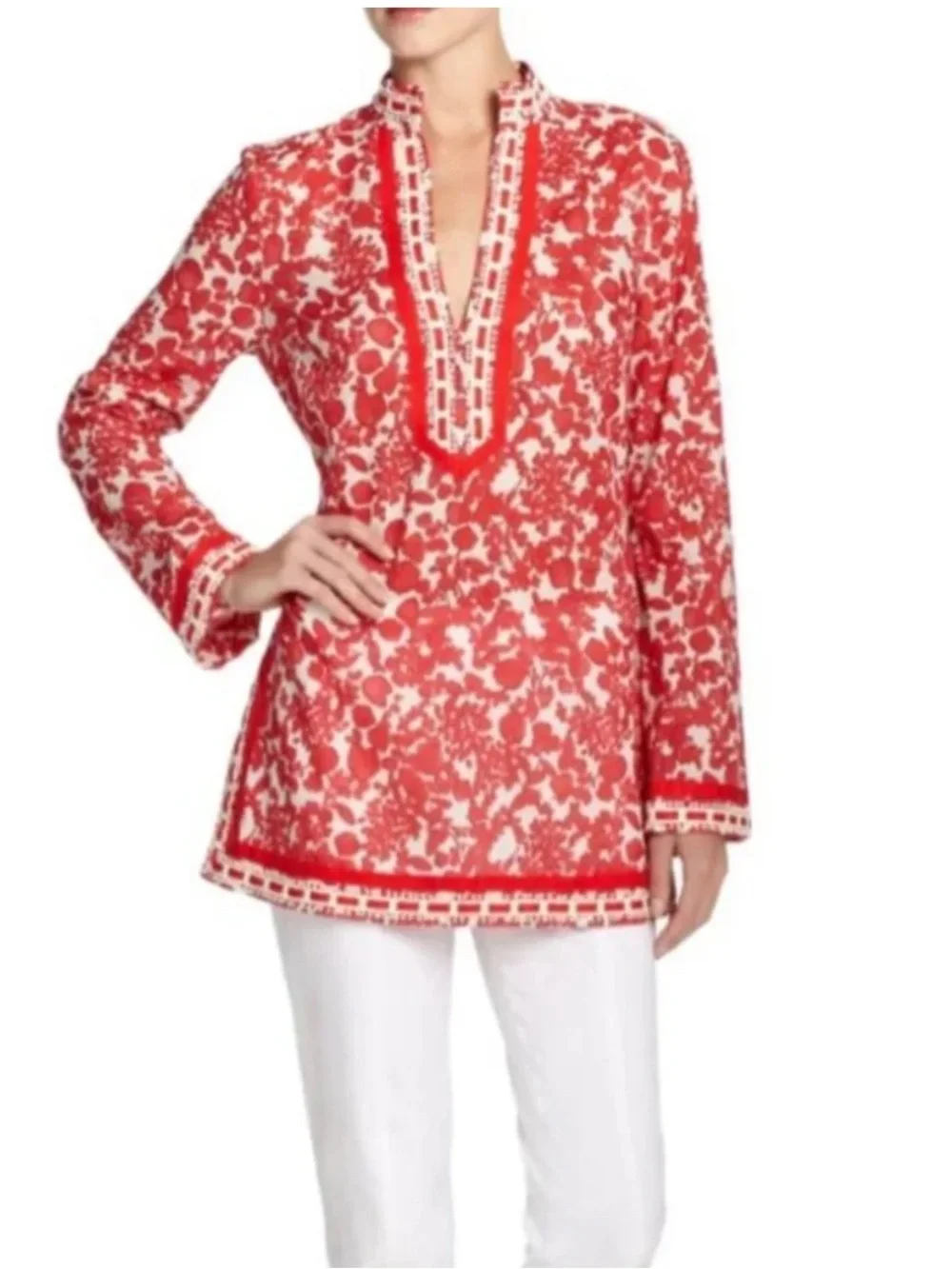 Tory Burch Womens Tunic Top Red Floral Beaded Lattice Resort Coas